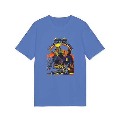 Jimmy Cliff "The Harder They Come" graphic with two men, car, and motorcycle.