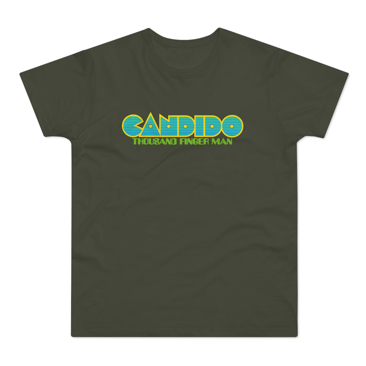 Olive green t-shirt with yellow and blue "CANDIDO THOUSAND FINGER MAN" text.
