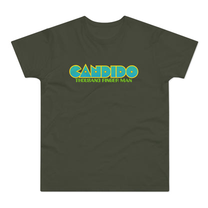 Olive green t-shirt with yellow and blue "CANDIDO THOUSAND FINGER MAN" text.