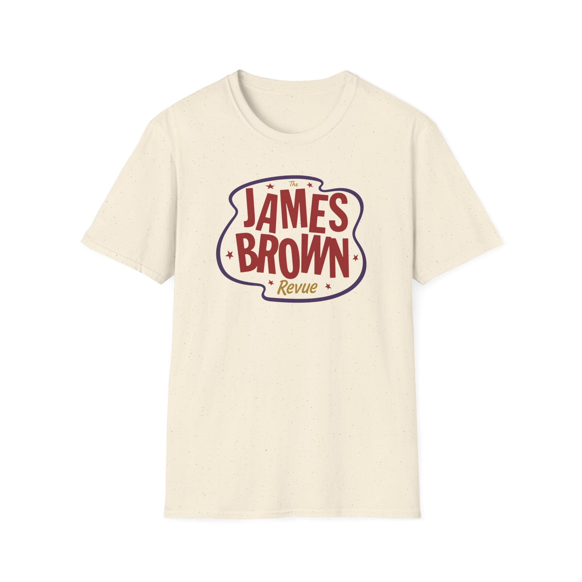 Cream t-shirt with "The James Brown Revue" text in a stylized purple and red design.
