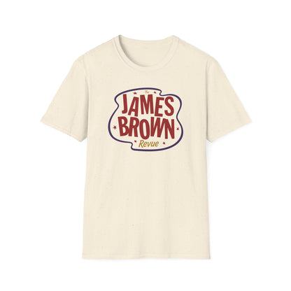Cream t-shirt with "The James Brown Revue" text in a stylized purple and red design.