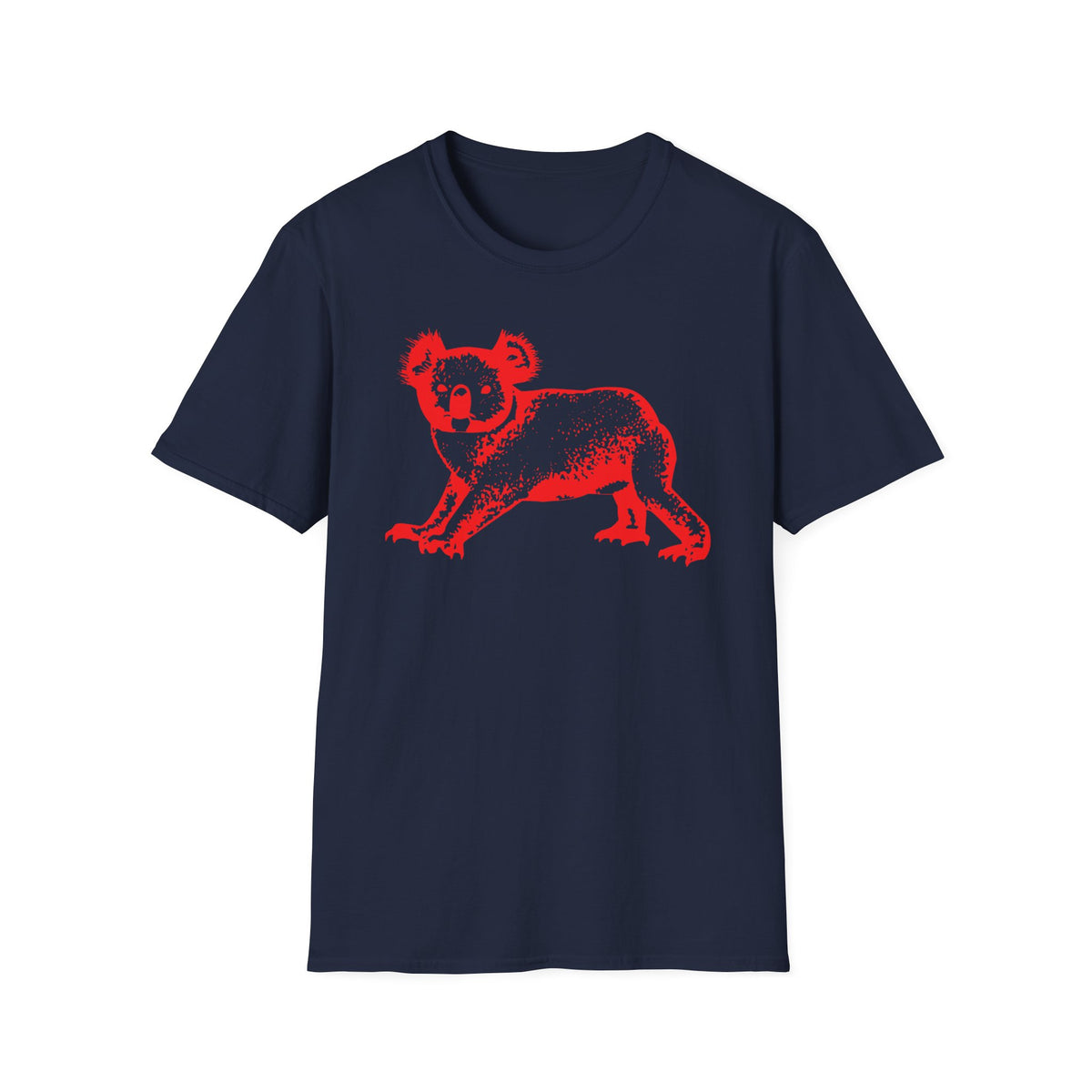 Navy t-shirt with a distressed red koala graphic on the front.