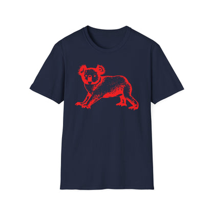 Navy t-shirt with a distressed red koala graphic on the front.