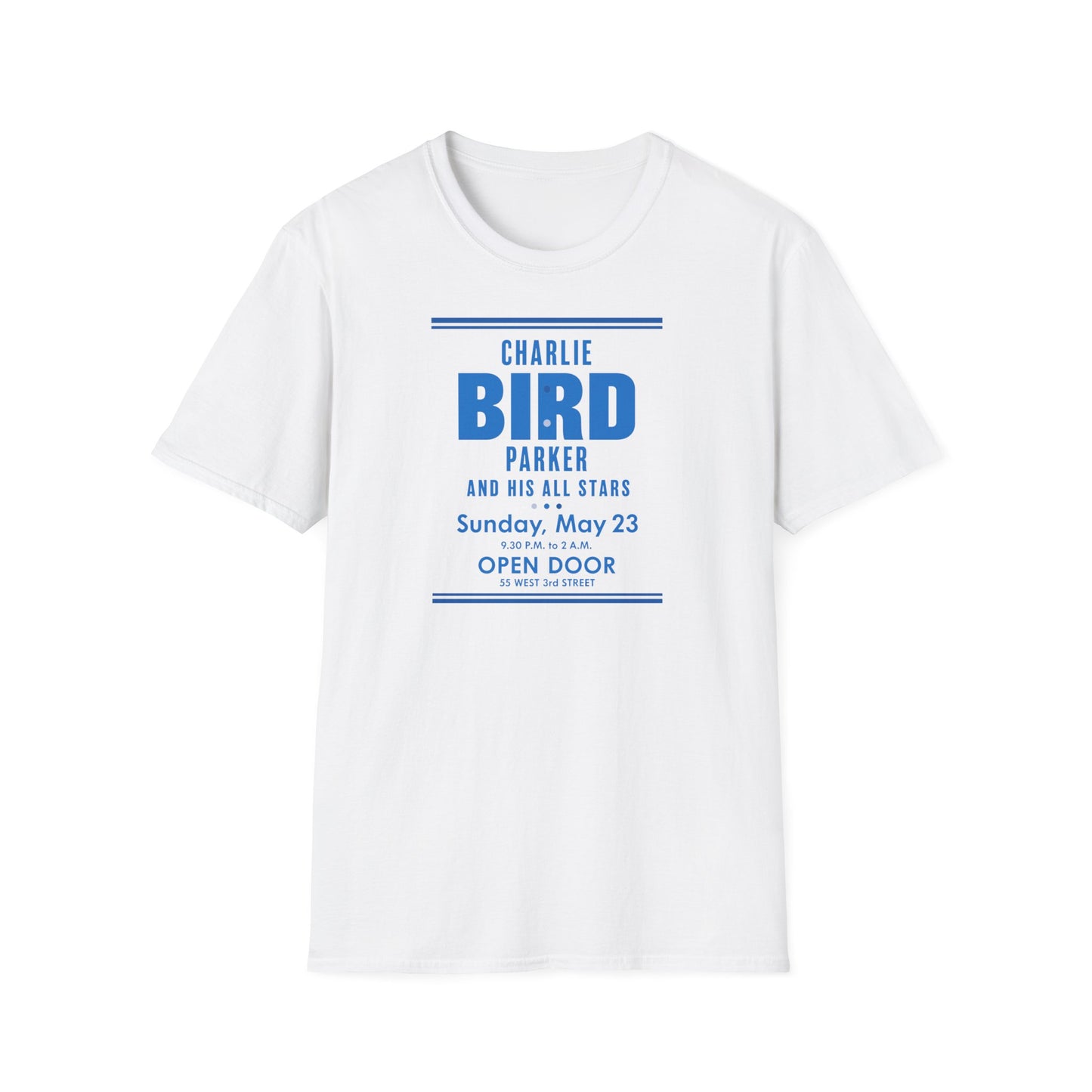 White t-shirt with "Charlie Bird Parker and His All Stars" concert details.