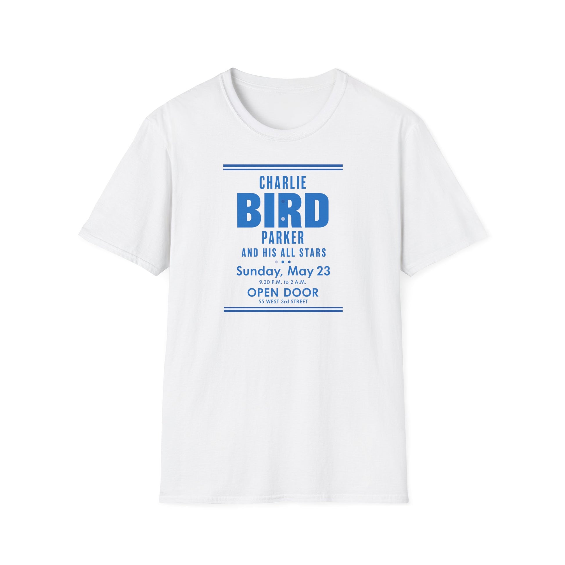 White t-shirt with "Charlie Bird Parker and His All Stars" concert details.