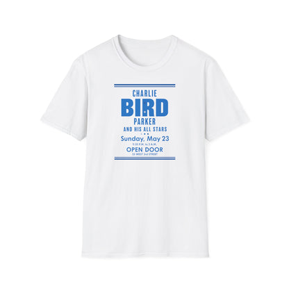 White t-shirt with "Charlie Bird Parker and His All Stars" concert details.