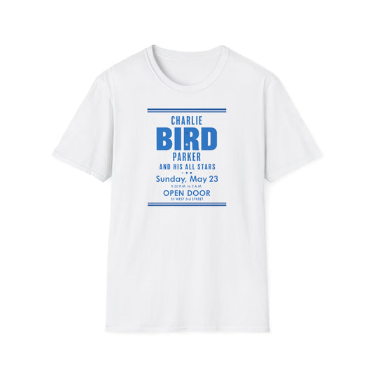 White t-shirt with "Charlie Bird Parker and His All Stars" concert details.