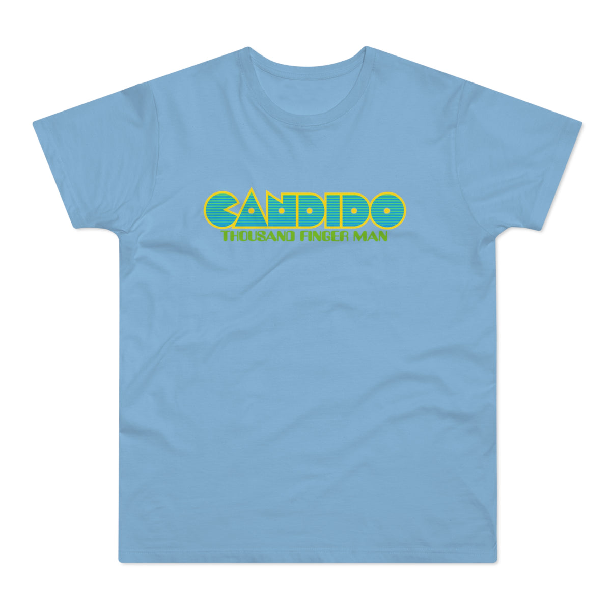 Light blue t-shirt with yellow and blue "CANDIDO THOUSAND FINGER MAN" text.