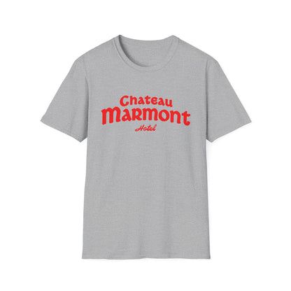 Grey t-shirt with red "Chateau Marmont Hotel" text design.