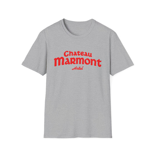 Grey t-shirt with red "Chateau Marmont Hotel" text design.