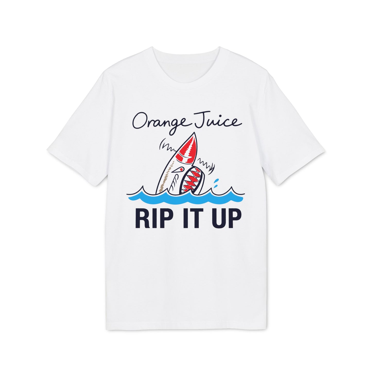 White t-shirt with "Orange Juice" text and shark graphic, "RIP IT UP" text.