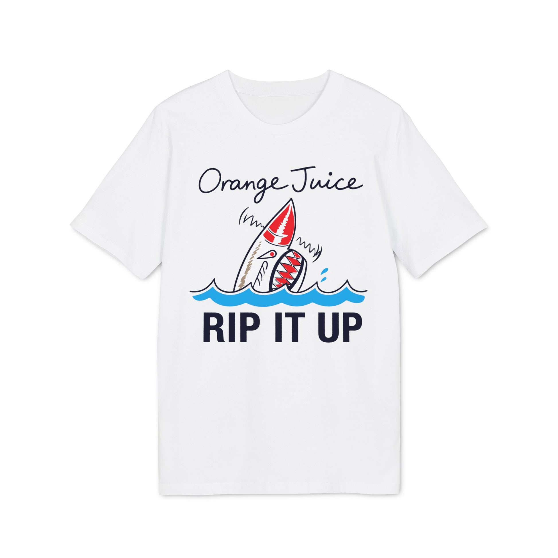 White t-shirt with "Orange Juice" text and shark graphic, "RIP IT UP" text.