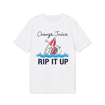 White t-shirt with "Orange Juice" text and shark graphic, "RIP IT UP" text.