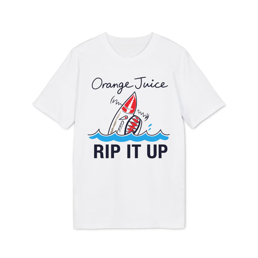 White t-shirt with "Orange Juice" text and shark graphic, "RIP IT UP" text.