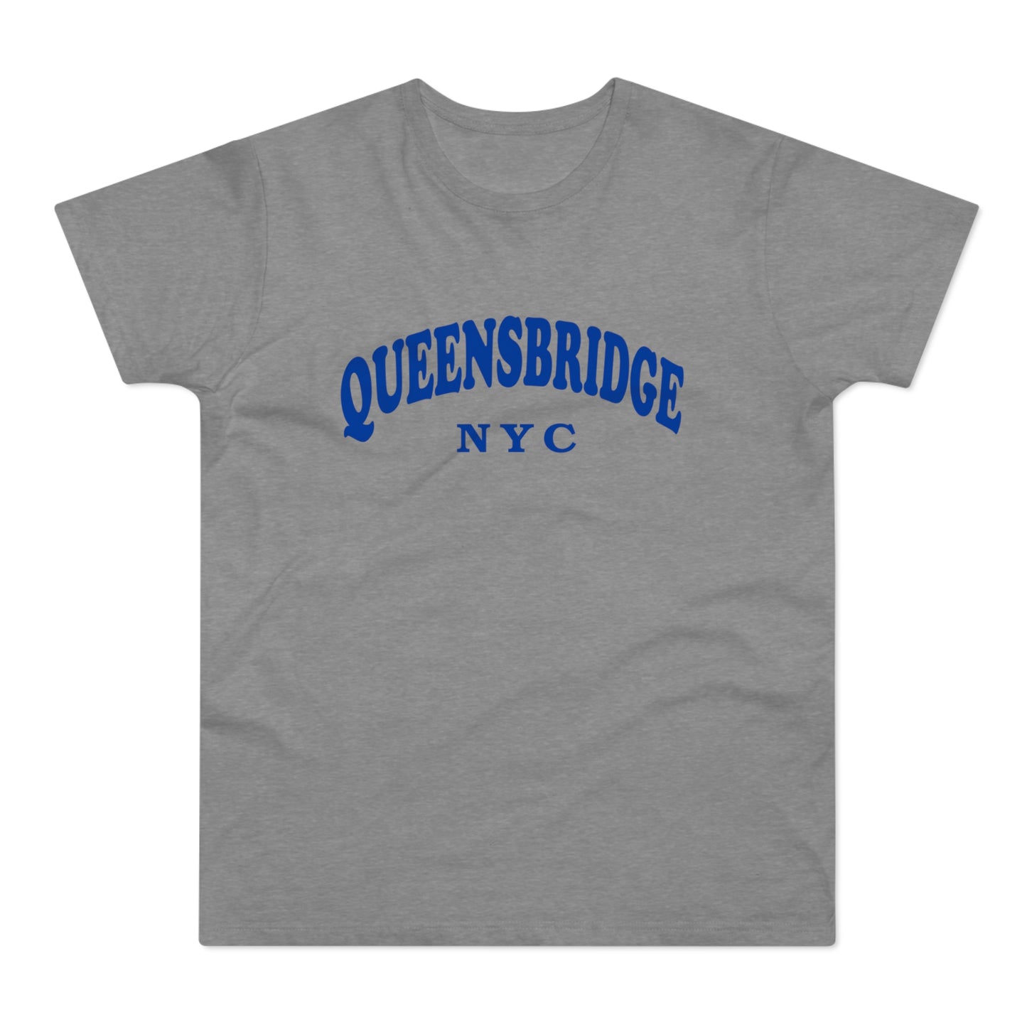 Gray t-shirt with blue "QUEENSBRIDGE NYC" text arched across chest