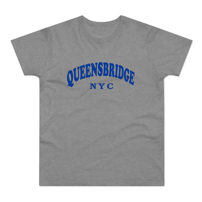 Gray t-shirt with blue "QUEENSBRIDGE NYC" text arched across chest
