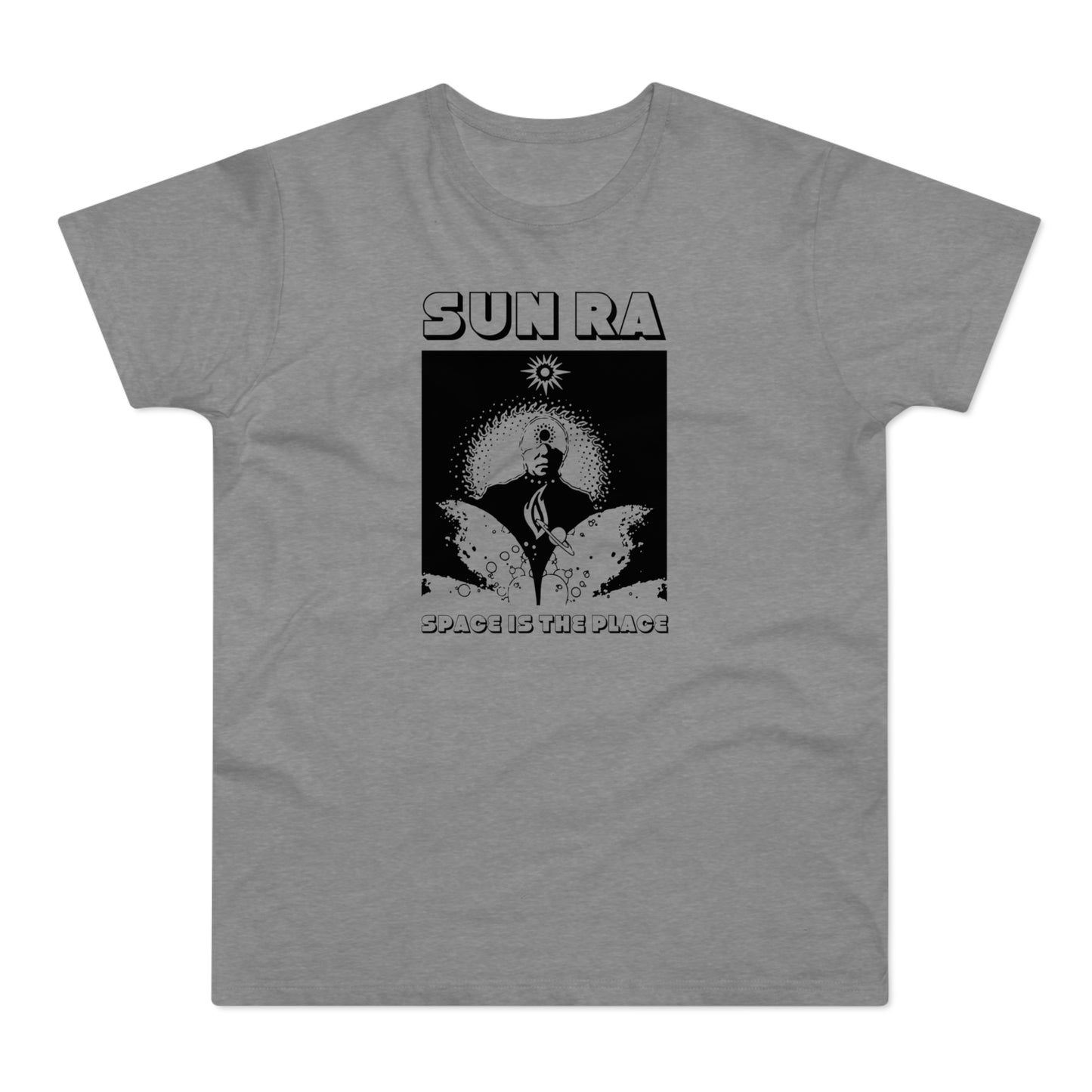 Sun Ra "Space Is The Place" graphic t-shirt design on grey fabric.