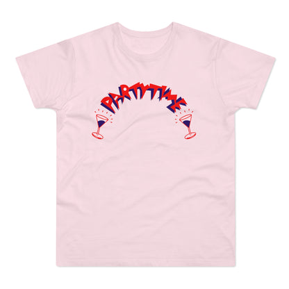 Pink t-shirt with red and blue "PARTY TIME" graphic and martini glasses.