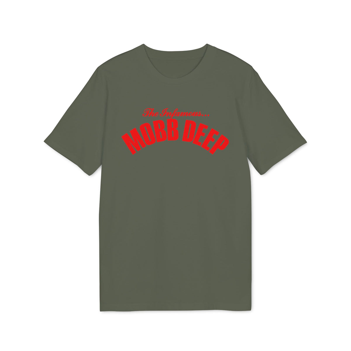 An olive green crewneck t-shirt featuring the red text Mobb Deep arched across the chest.