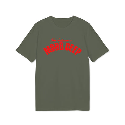 An olive green crewneck t-shirt featuring the red text Mobb Deep arched across the chest.