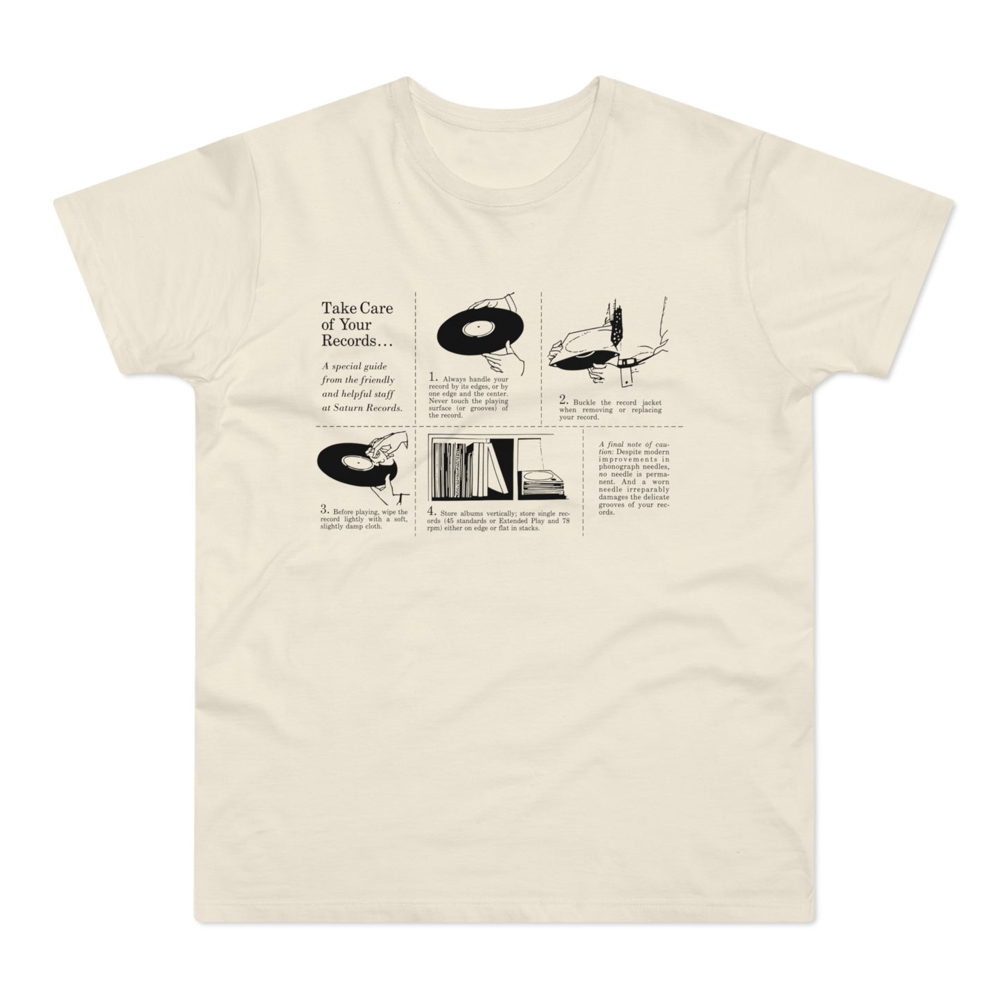 T-shirt with "Take Care of Your Records..." guide from Saturn Records.
