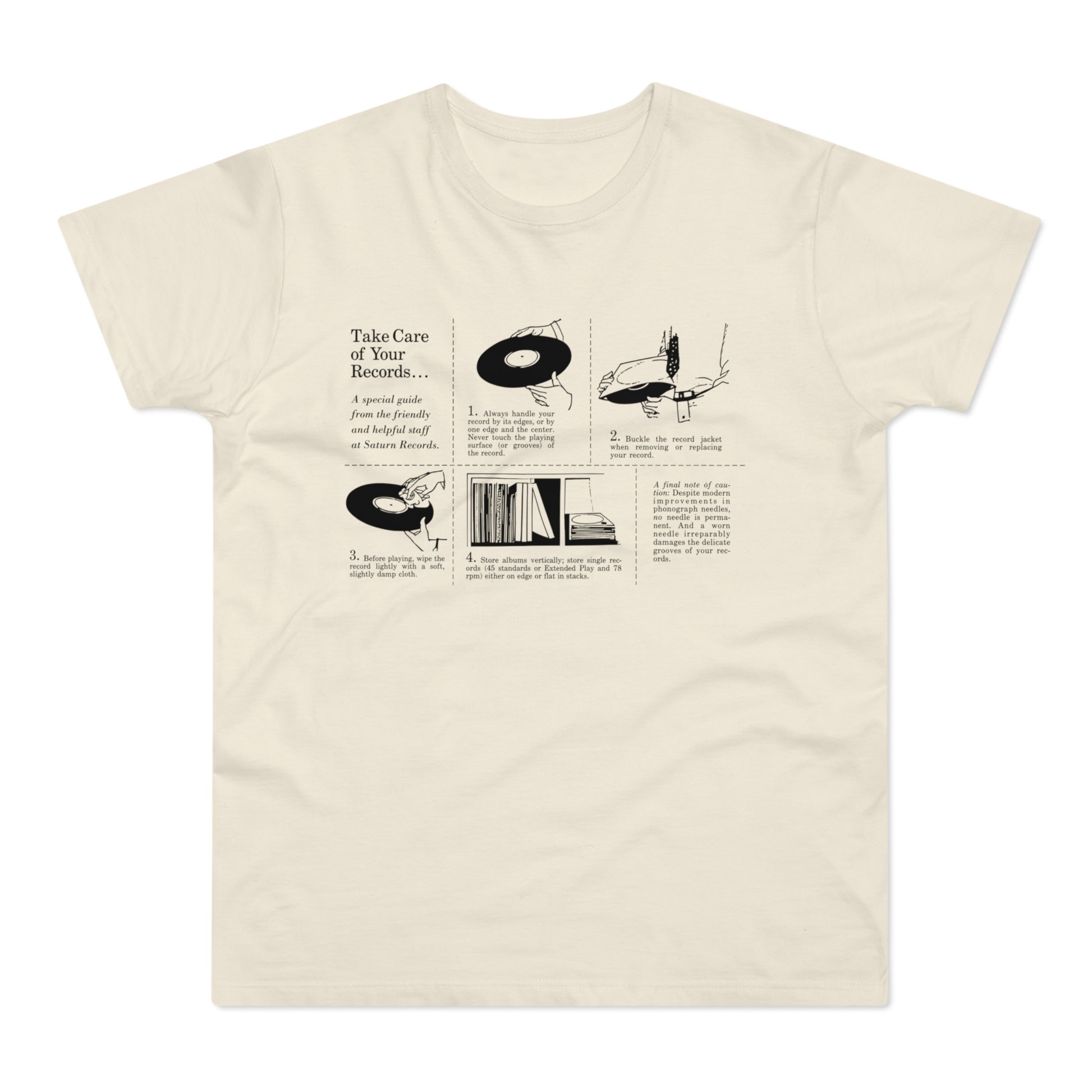 T-shirt with "Take Care of Your Records..." guide from Saturn Records.