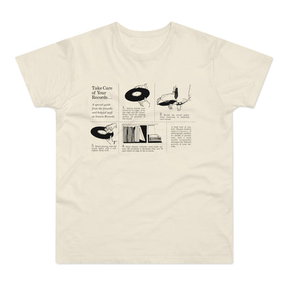 T-shirt with "Take Care of Your Records..." guide from Saturn Records.