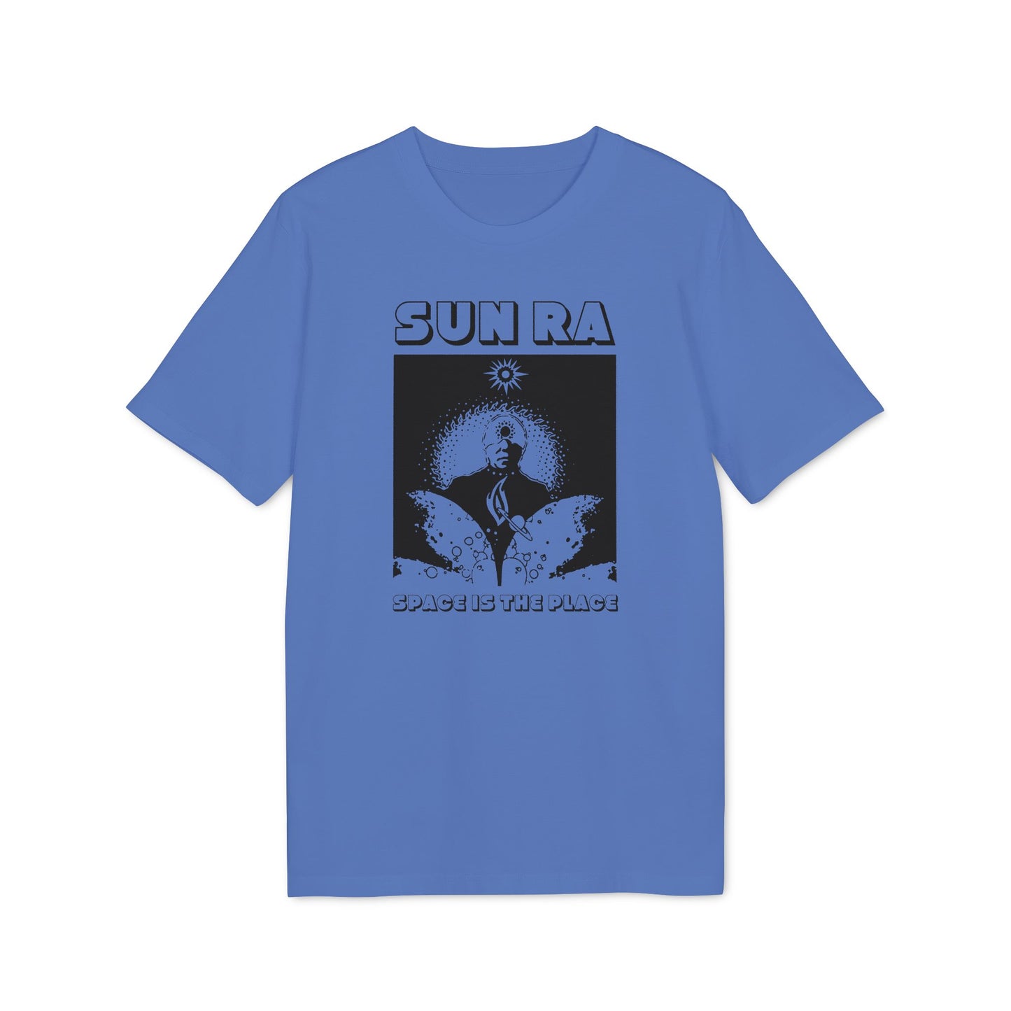 Blue t-shirt with Sun Ra graphic and "Space is the Place" text.