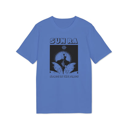 Blue t-shirt with Sun Ra graphic and "Space is the Place" text.