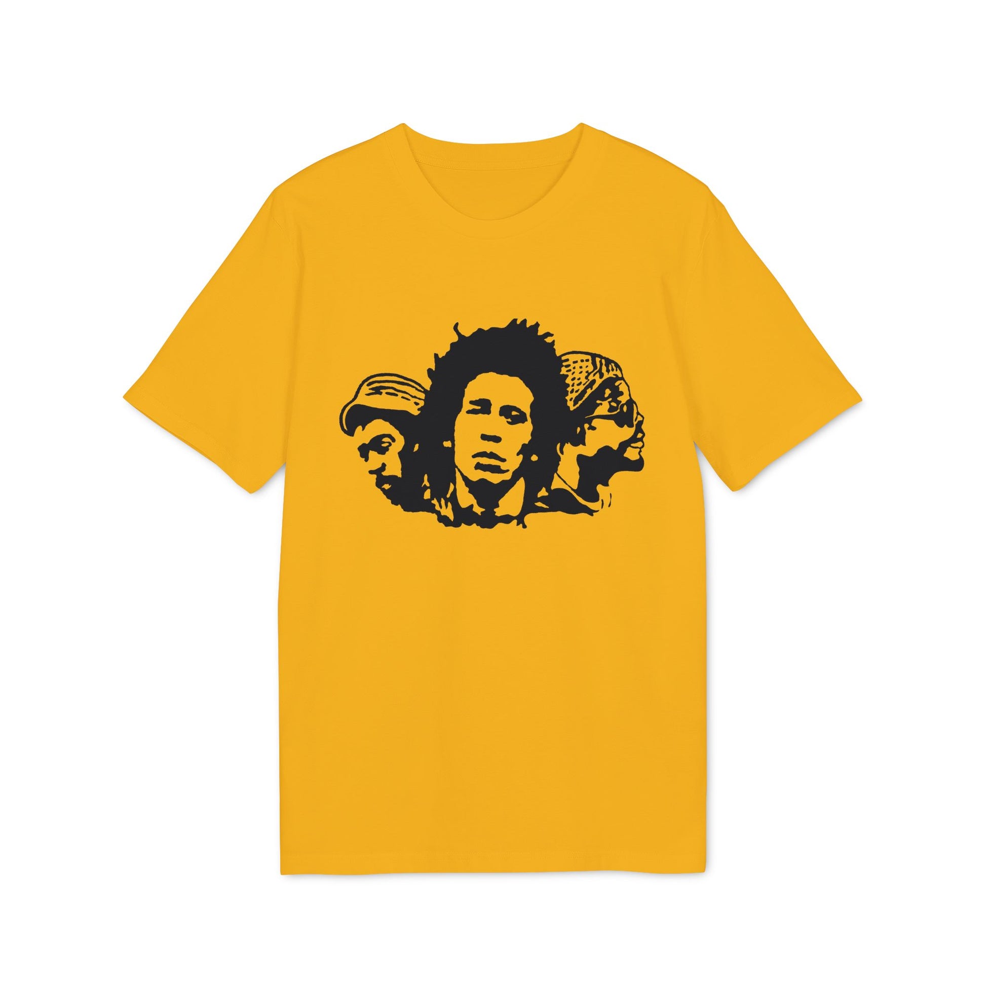 Yellow t-shirt with black graphic of three faces: Bob Marley in the center.