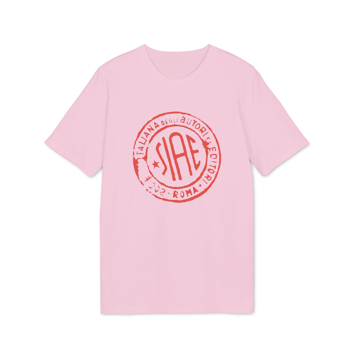 Light pink short-sleeve t-shirt with a red circular stamp graphic featuring the letters SIAE on the chest.
