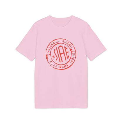 Light pink short-sleeve t-shirt with a red circular stamp graphic featuring the letters SIAE on the chest.