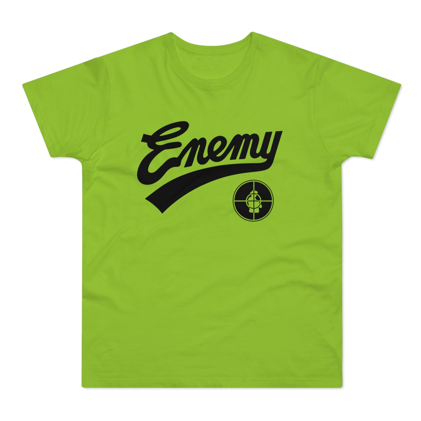 Public Enemy logo with stylized text and target symbol on a light green t-shirt.