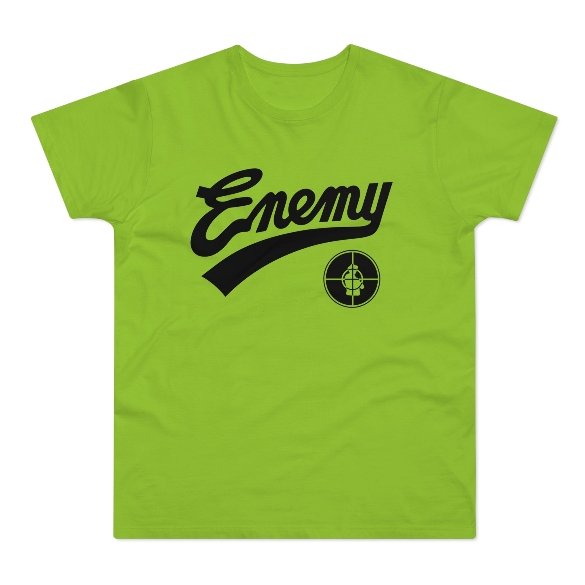 Public Enemy logo with stylized text and target symbol on a light green t-shirt.