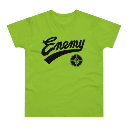 Public Enemy logo with stylized text and target symbol on a light green t-shirt.