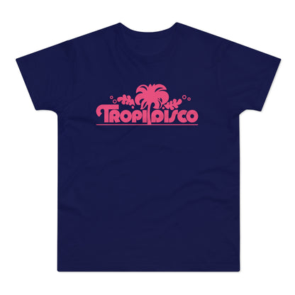 Navy t-shirt with pink "TropiDisco" text and palm tree graphic.