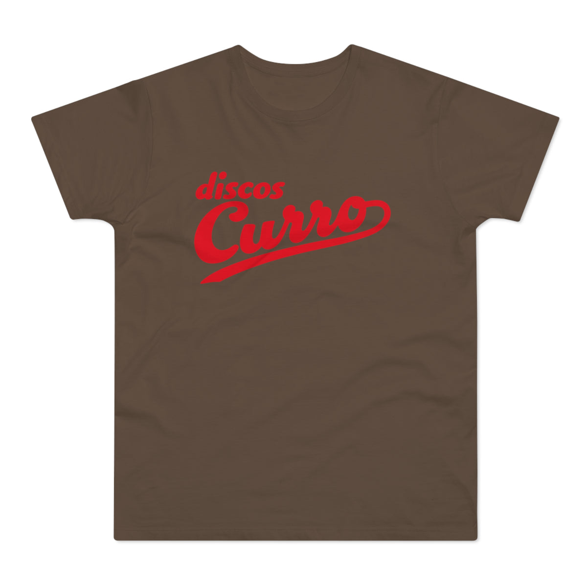 Brown t-shirt with red "Discos Curro" script logo.