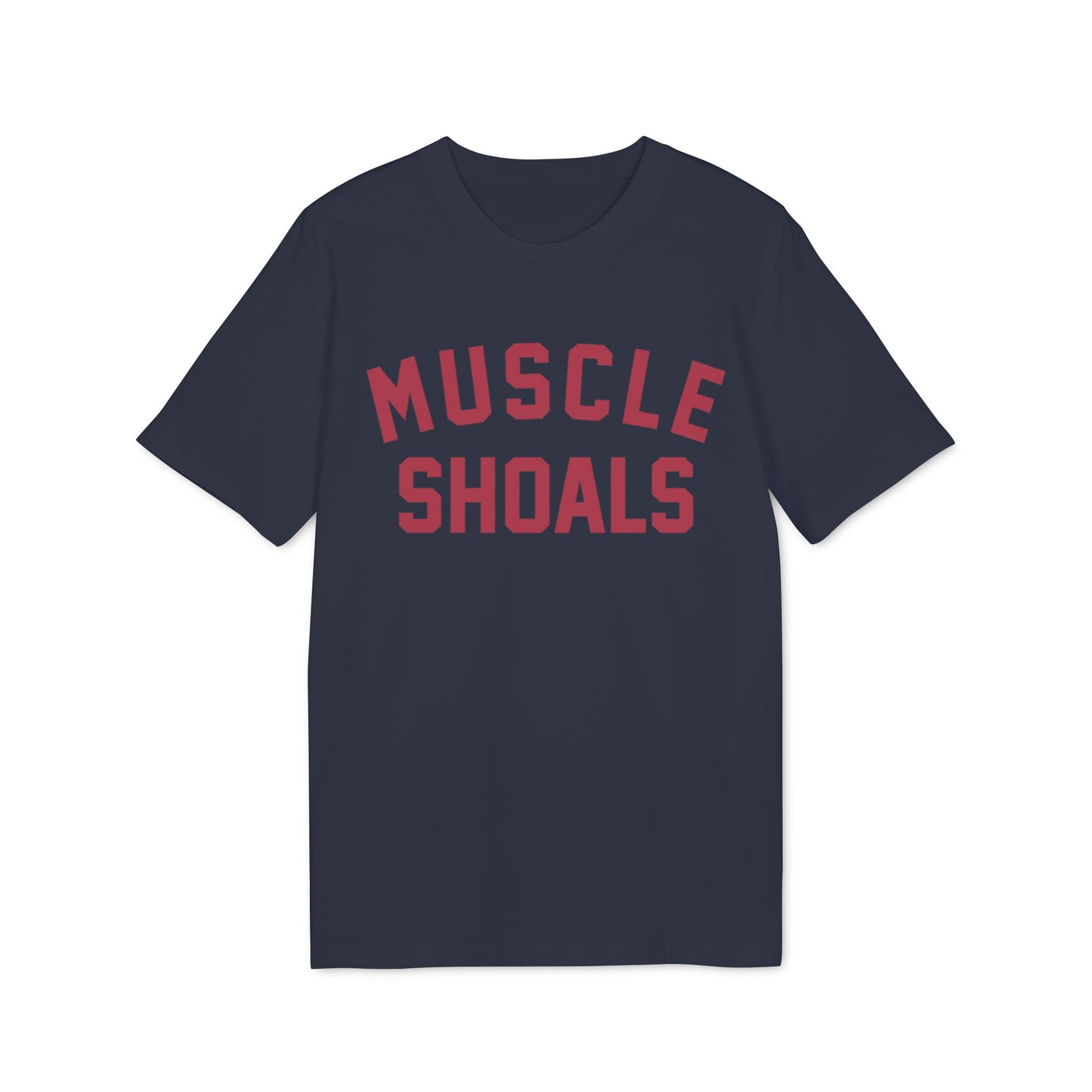 Navy t-shirt with red "MUSCLE SHOALS" text on front.
