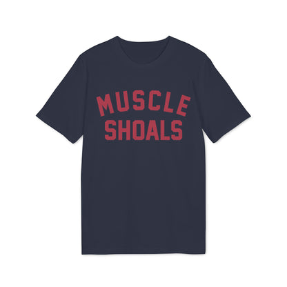 Navy t-shirt with red "MUSCLE SHOALS" text on front.