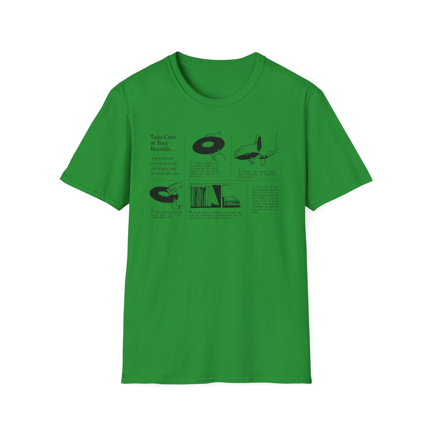 Green t-shirt with a graphic explaining how to care for vinyl records.