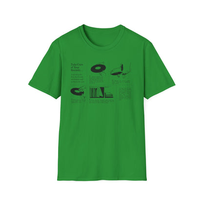 Green t-shirt with a graphic explaining how to care for vinyl records.