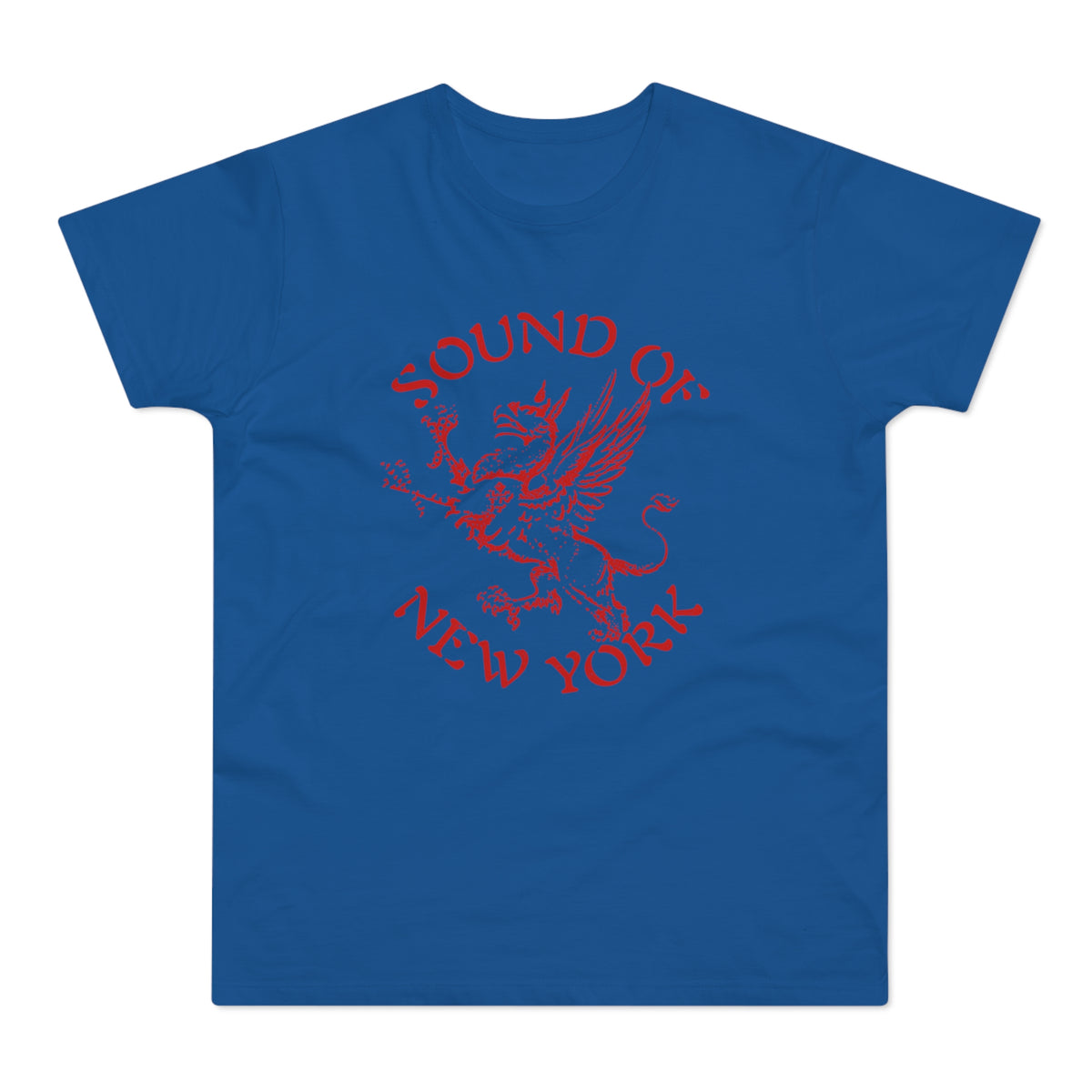 Blue t-shirt with red "Sound of New York" text and a griffin graphic.