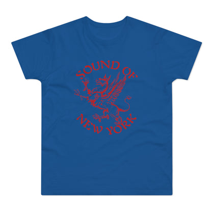 Blue t-shirt with red "Sound of New York" text and a griffin graphic.