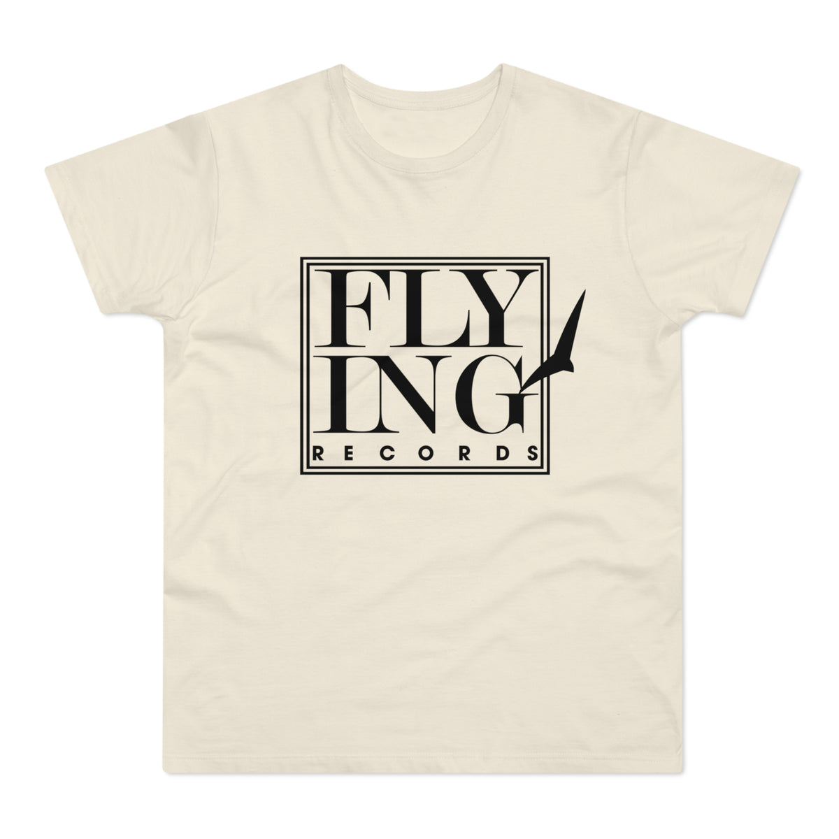 Cream t-shirt with black "FLYING RECORDS" text and bird silhouette logo.