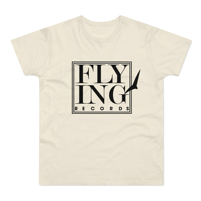 Cream t-shirt with black "FLYING RECORDS" text and bird silhouette logo.