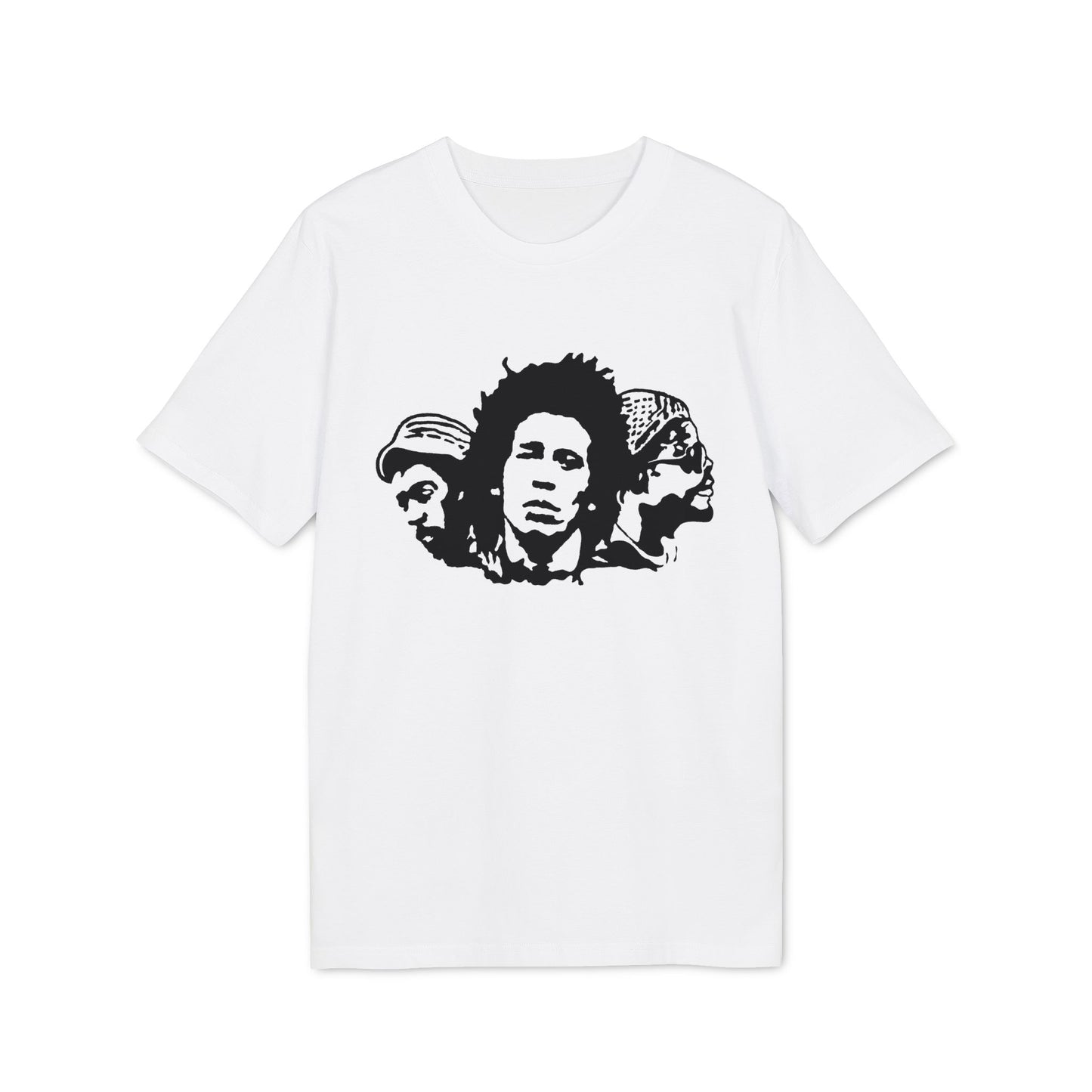 White t-shirt with black graphic of three faces in profile.