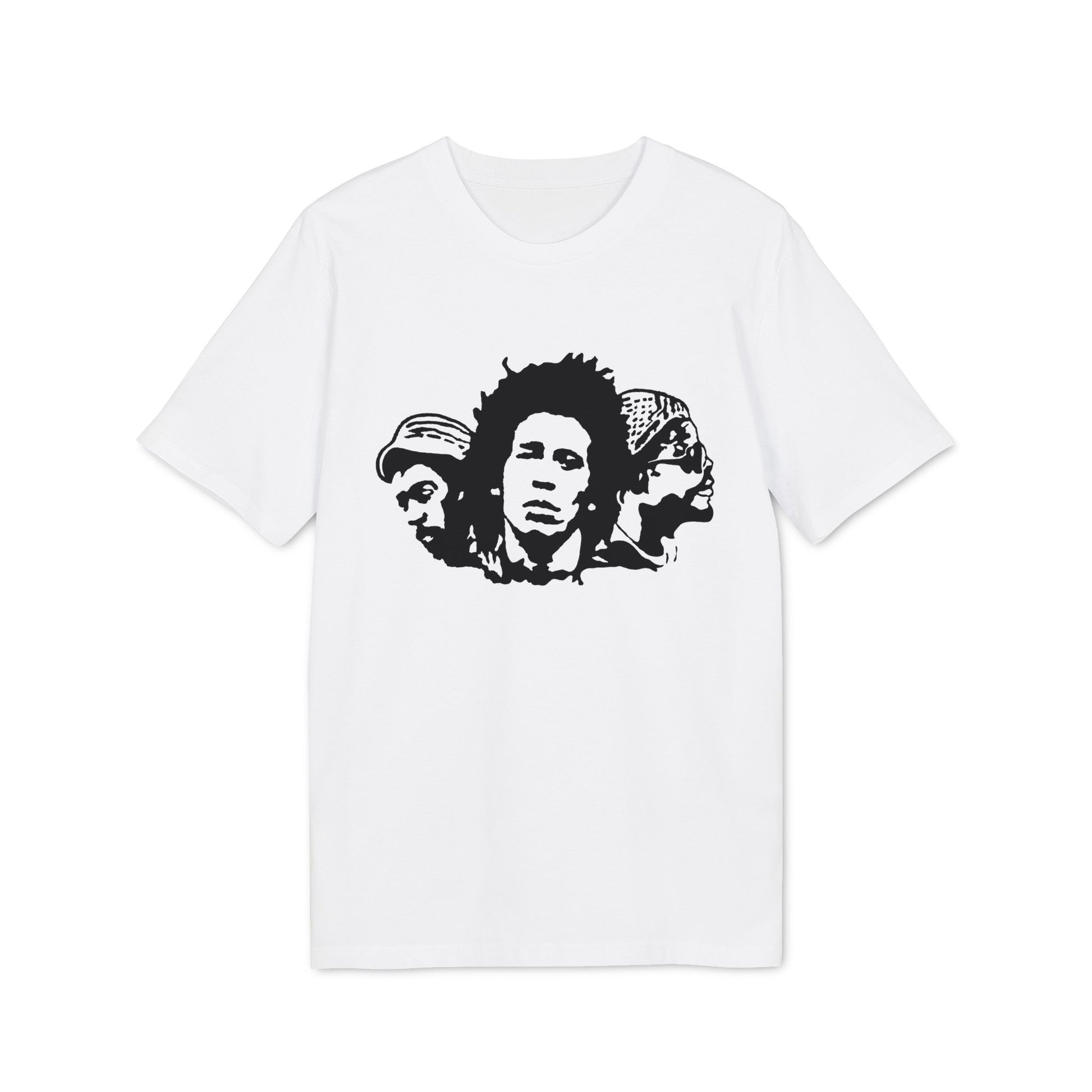 White t-shirt with black graphic of three faces in profile.