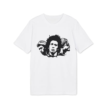 White t-shirt with black graphic of three faces in profile.