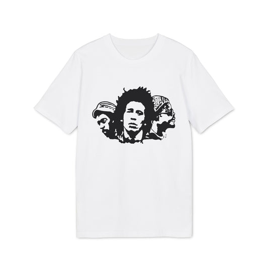 White t-shirt with black graphic of three faces in profile.