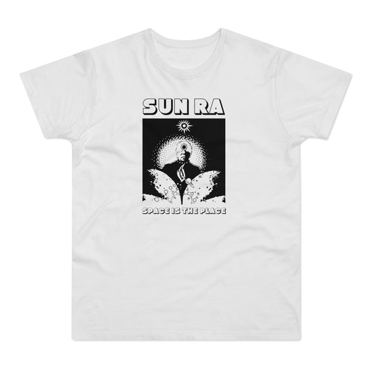 White t-shirt with black graphic of Sun Ra and text "SPACE IS THE PLACE".